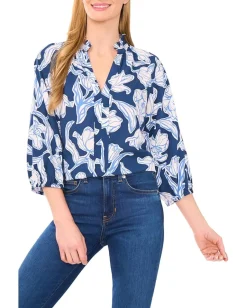 CeCe Ruffle Neck Raglan Seam Split Neck Blouse Denim/White Online
