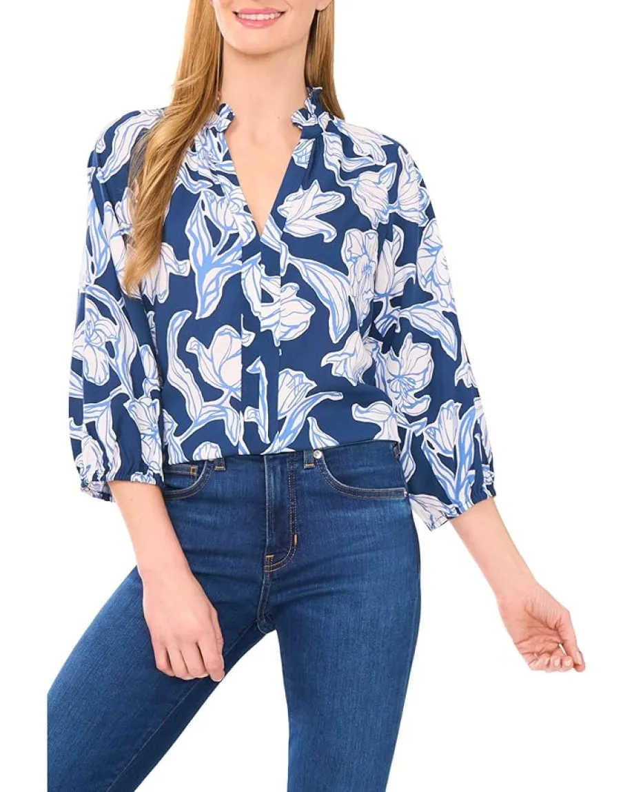 CeCe Ruffle Neck Raglan Seam Split Neck Blouse Denim/White Online