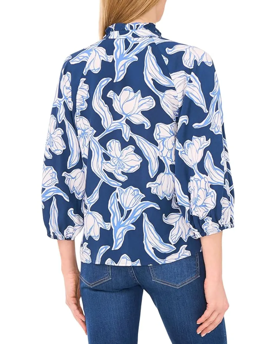 CeCe Ruffle Neck Raglan Seam Split Neck Blouse Denim/White Online