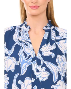 CeCe Ruffle Neck Raglan Seam Split Neck Blouse Denim/White Online