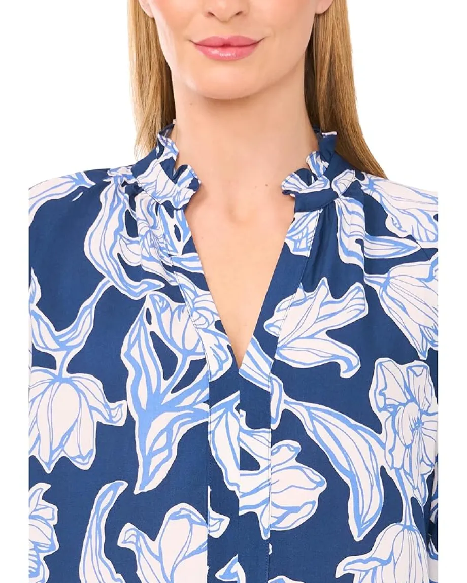 CeCe Ruffle Neck Raglan Seam Split Neck Blouse Denim/White Online