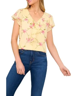 CeCe Ruffle V-Neck Flutter Sleeves Flowy Top Lemon Drop New