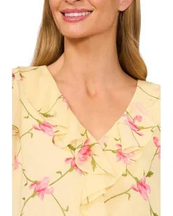CeCe Ruffle V-Neck Flutter Sleeves Flowy Top Lemon Drop New