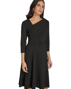 Women Calvin Klein Scuba Crepe Asym Rouched Neck Midi With Belt