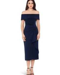 Women XSCAPE Scuba Crepe Over-the-Shoulder Side Ruched Dress