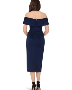 Women XSCAPE Scuba Crepe Over-the-Shoulder Side Ruched Dress