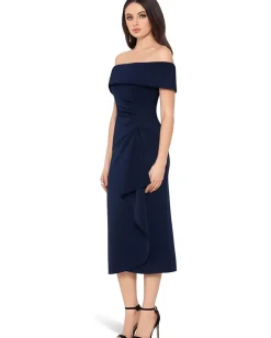 Women XSCAPE Scuba Crepe Over-the-Shoulder Side Ruched Dress