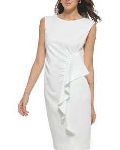 Calvin Klein Scuba Crepe Sheath with Ruching Detail Cream Hot