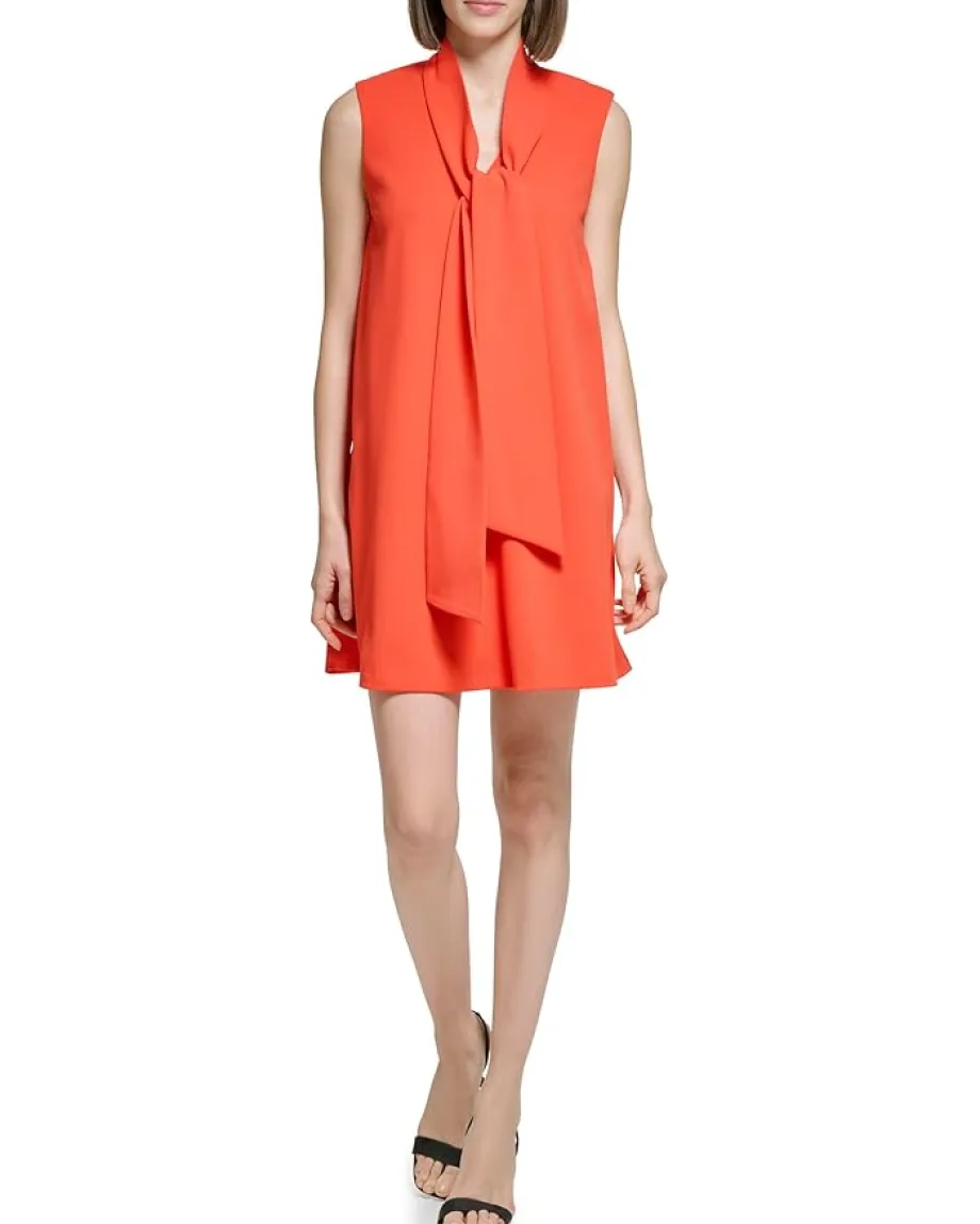 Calvin Klein Scuba Crepe Trapeze Dress with Neck Tie Flame Clearance