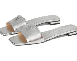 COACH Sculpted C Metallic Leather Flat Sandals Silver New