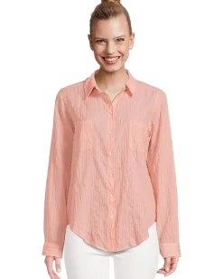 Lilly Pulitzer Sea View Button-Down Papaya X Conch Shell Pink Ltwt Oxford Shirting Stripe