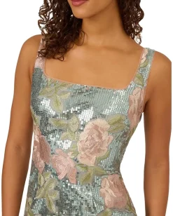 Adrianna Papell Sequin Embroidery Short Dress Sage Multi New