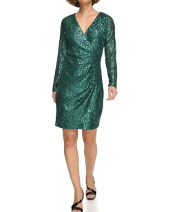DKNY Sequin Side Ruched Dress Emerald Hot