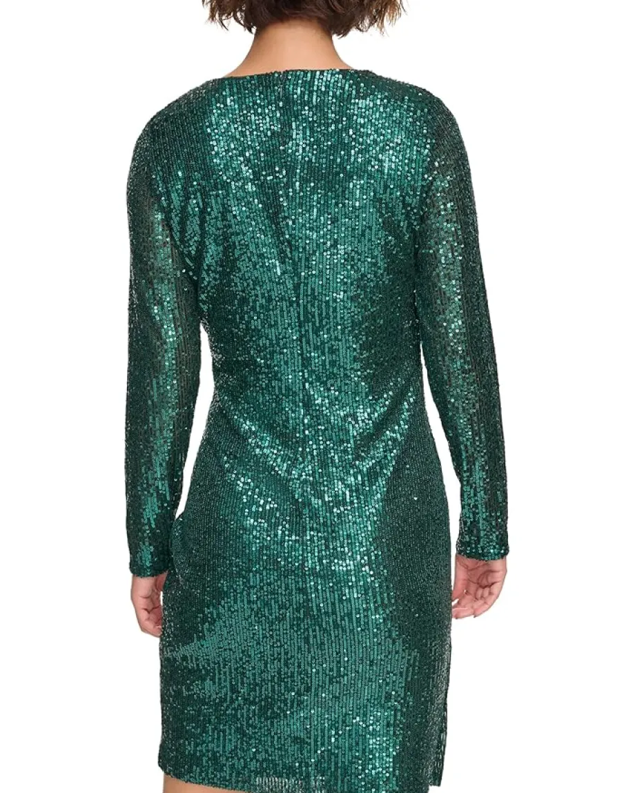 DKNY Sequin Side Ruched Dress Emerald Hot