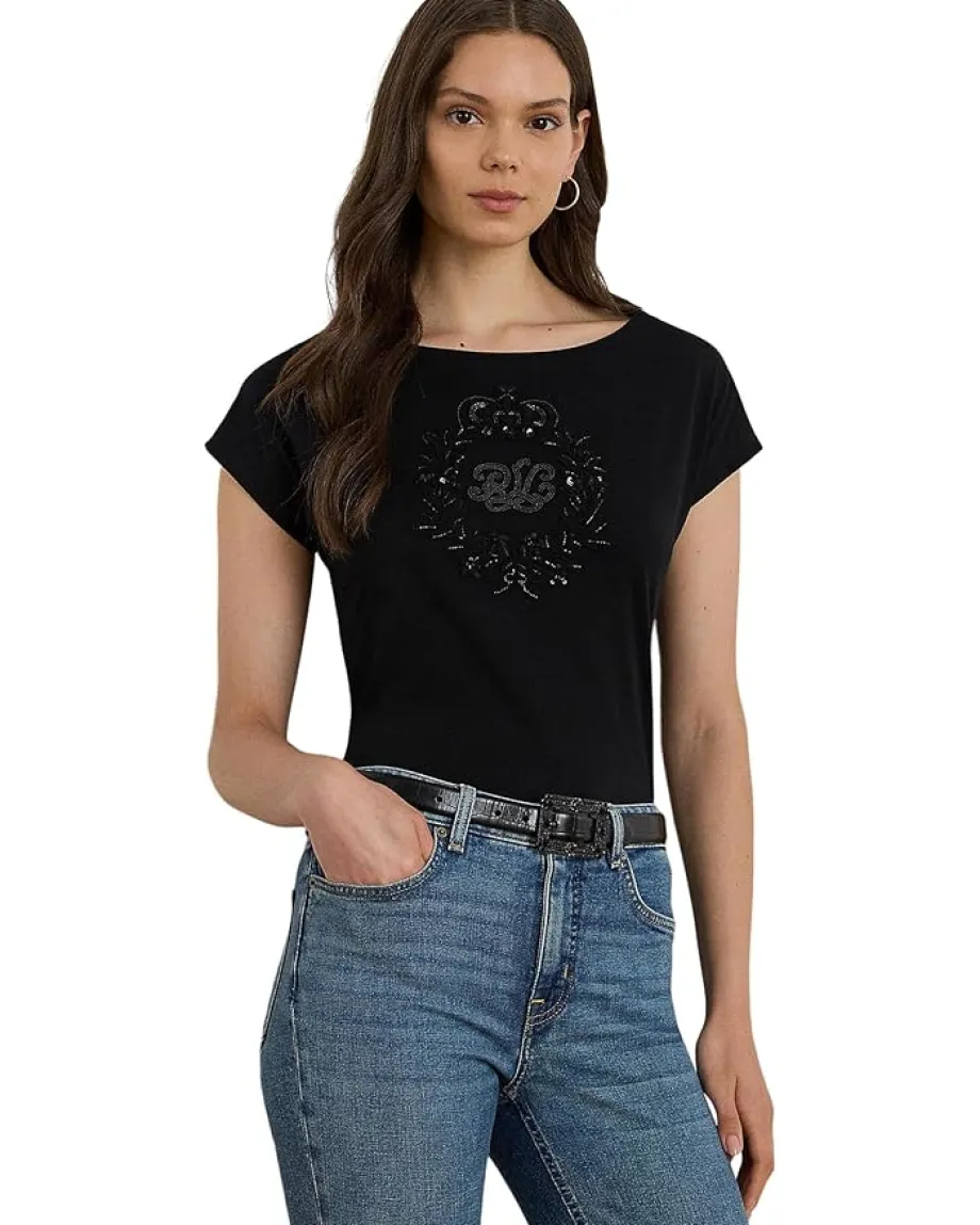 Lauren Ralph Lauren Sequined-Crest Cotton Jersey Tee Black Outlet