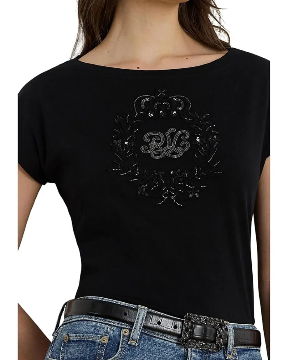 Lauren Ralph Lauren Sequined-Crest Cotton Jersey Tee Black Outlet