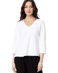 Mod-o-doc Shadow Stripe French Terry 3/4 Sleeve V-Neck Hi-Low Top White Online