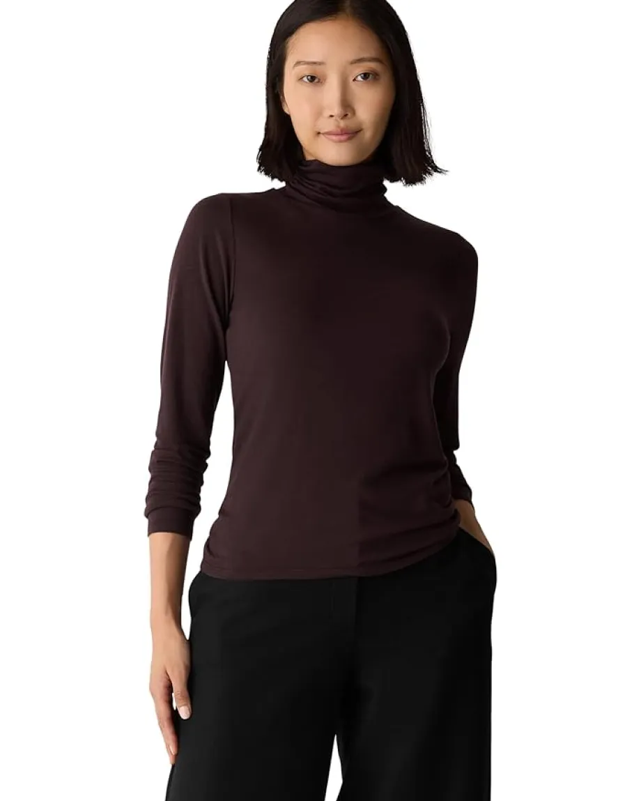 Eileen Fisher Sheer Knit Turtle Neck Top Wine Best