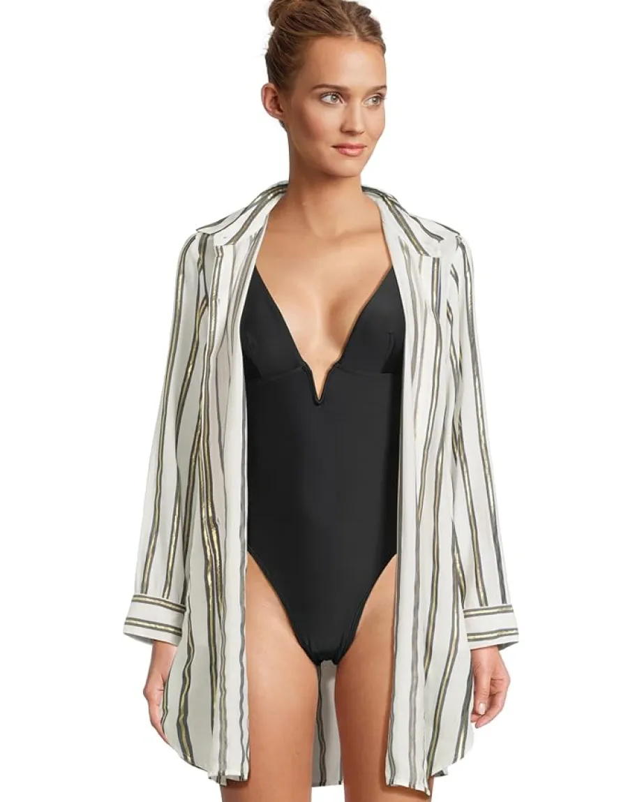 Tommy Bahama Shimmer Stripe Boyfriend Shirt Mare Navy Sale