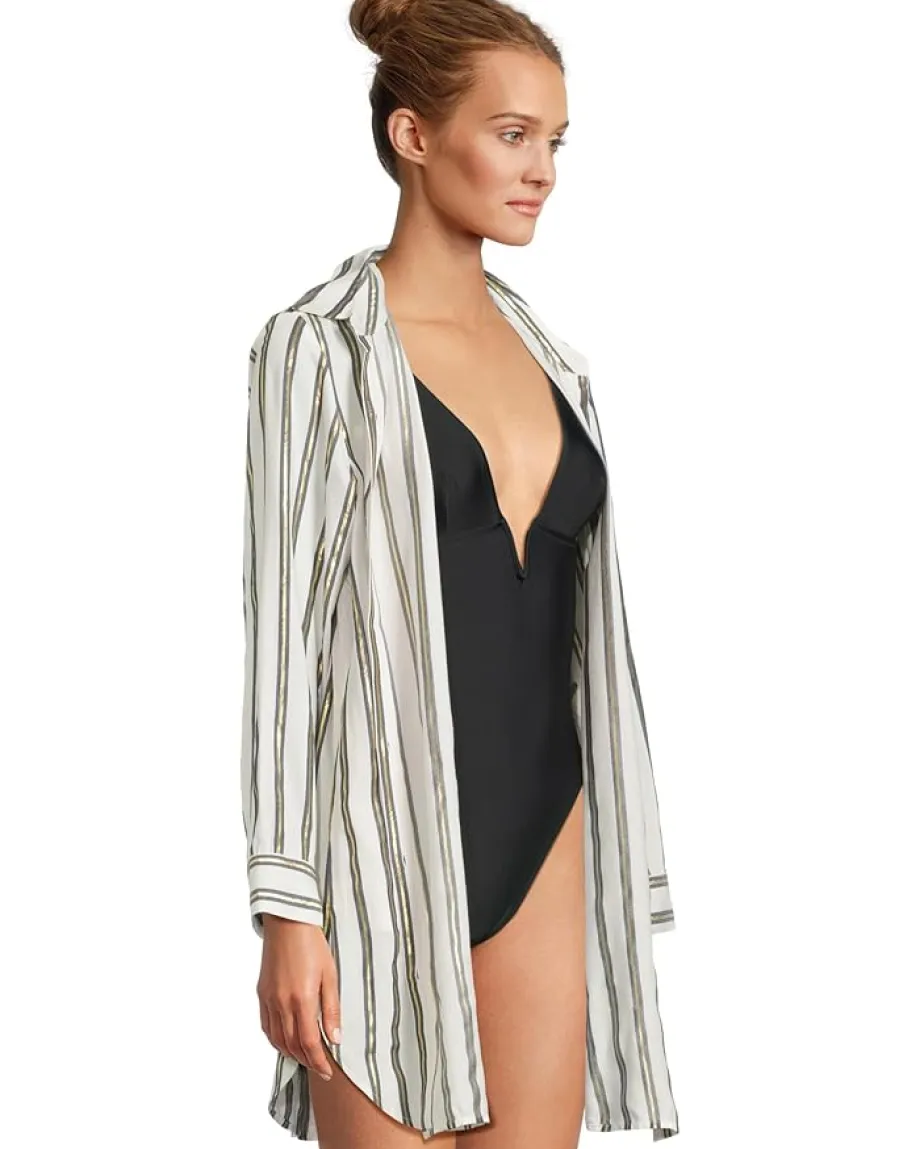 Tommy Bahama Shimmer Stripe Boyfriend Shirt Mare Navy Sale