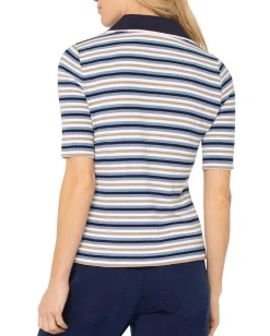 Liverpool Los Angeles Shirred 1/2 Sleeve Collared Henley Knit Top Blue Multi Stripe