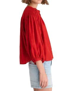 Madewell Shirred Crewneck Button-Up Top Cherry Red Online