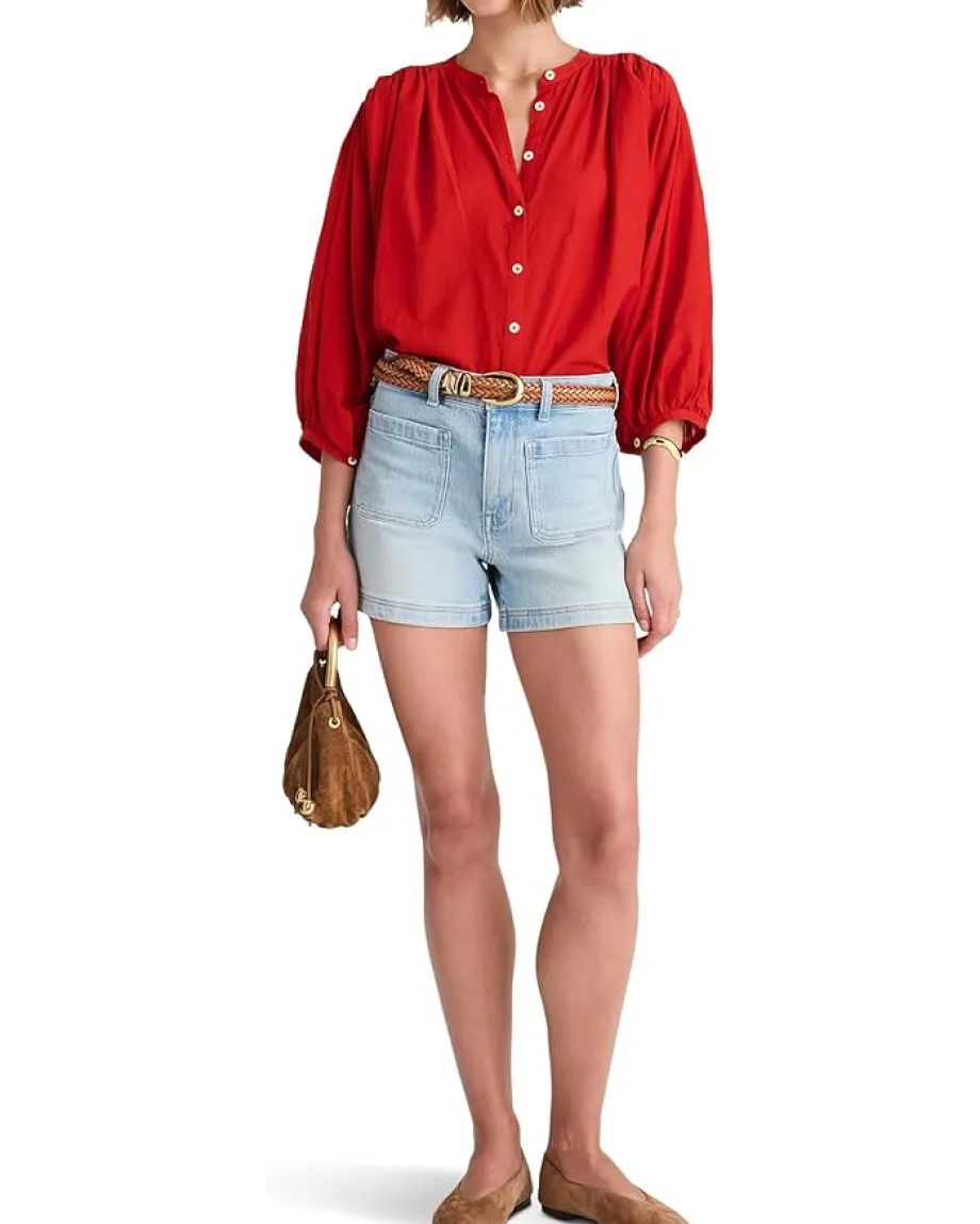 Madewell Shirred Crewneck Button-Up Top Cherry Red Online