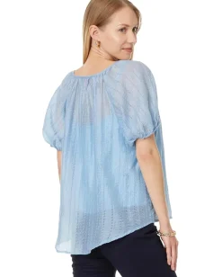 Vince Camuto Shirred V Neck Blouse W Short Puff Slvs Airy Blue