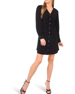 Women CeCe Shirred V-Neck Button Down Dress