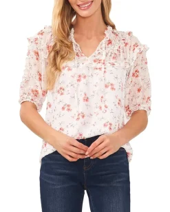 CeCe Shirred Yoke Top Ultra White