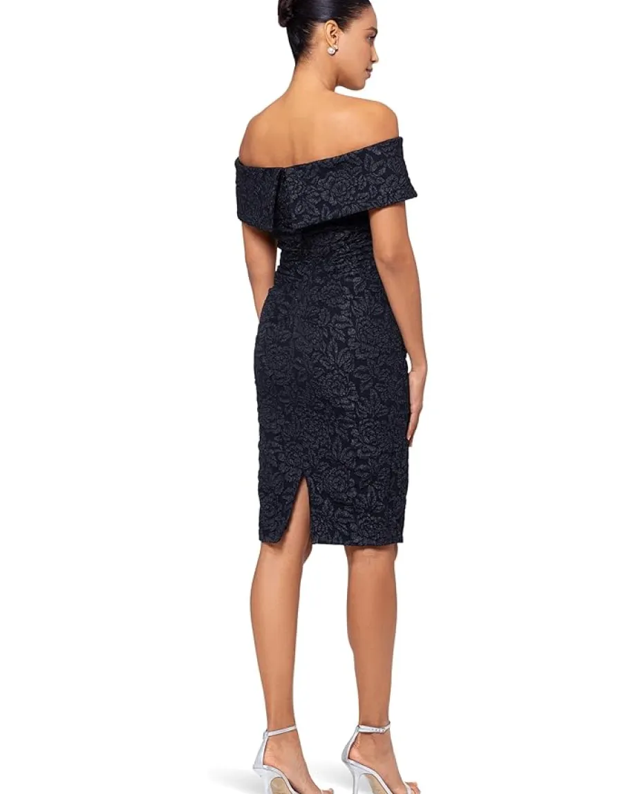 XSCAPE Short Brocade Off The Shoulder Flower Black Best