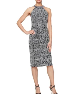 Alex Evenings Short Corded Lace Sheath Dress with Halter Neck Blk Wht Clearance