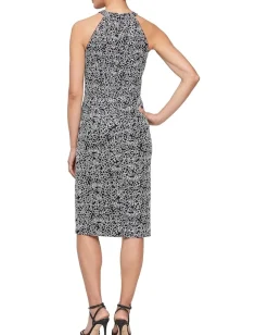 Alex Evenings Short Corded Lace Sheath Dress with Halter Neck Blk Wht Clearance