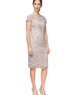 Alex Evenings Short Embroidered Cap Sleeve Dress Rose Outlet