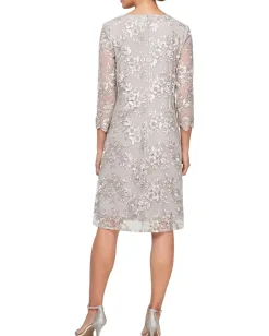 Women Alex Evenings Short Embroidered Mock Dress with Illusion Sleeves
