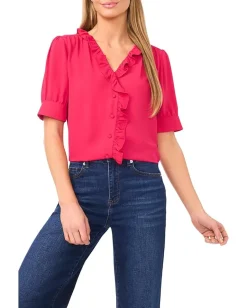 CeCe Short Puff Sleeve Button Down Ruffled Top Ruby Blush