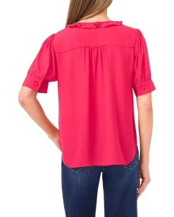 CeCe Short Puff Sleeve Button Down Ruffled Top Ruby Blush