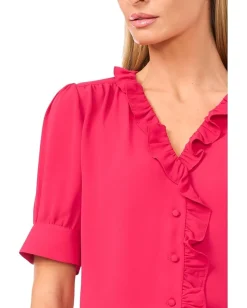 CeCe Short Puff Sleeve Button Down Ruffled Top Ruby Blush