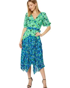Maggy London Short Puff Sleeve with Belt At Waist and Pleated High-Low Skirt Mint Green/Green Hot