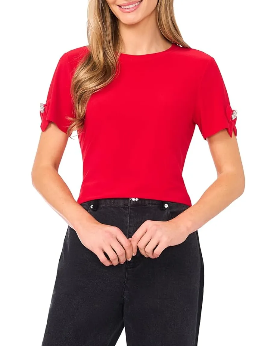 CeCe Short Sleeve Bow Sleeve Knit Top Stoplight Red New