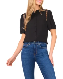Women CeCe Short Sleeve Button Front Lace Trim Top