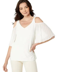 Vince Camuto Short Sleeve Cold-Shoulder Smock Bottom Blouse New Ivory Hot