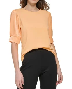 DKNY Short Sleeve Crew Neck Satin Twist Sleeve Top Canteloupe Hot