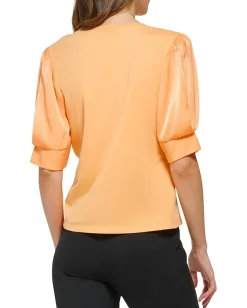 DKNY Short Sleeve Crew Neck Satin Twist Sleeve Top Canteloupe Hot