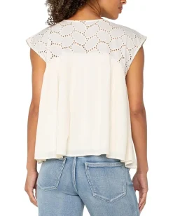 Liverpool Los Angeles Short Sleeve Dolman Boat Neck Woven Blouse W Embroidery Vanilla Eyelet Outlet