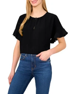 CeCe Short Sleeve Half Button Flowy Blouse Rich Black Best