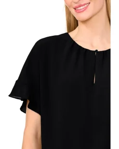 CeCe Short Sleeve Half Button Flowy Blouse Rich Black Best