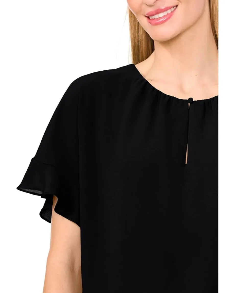CeCe Short Sleeve Half Button Flowy Blouse Rich Black Best