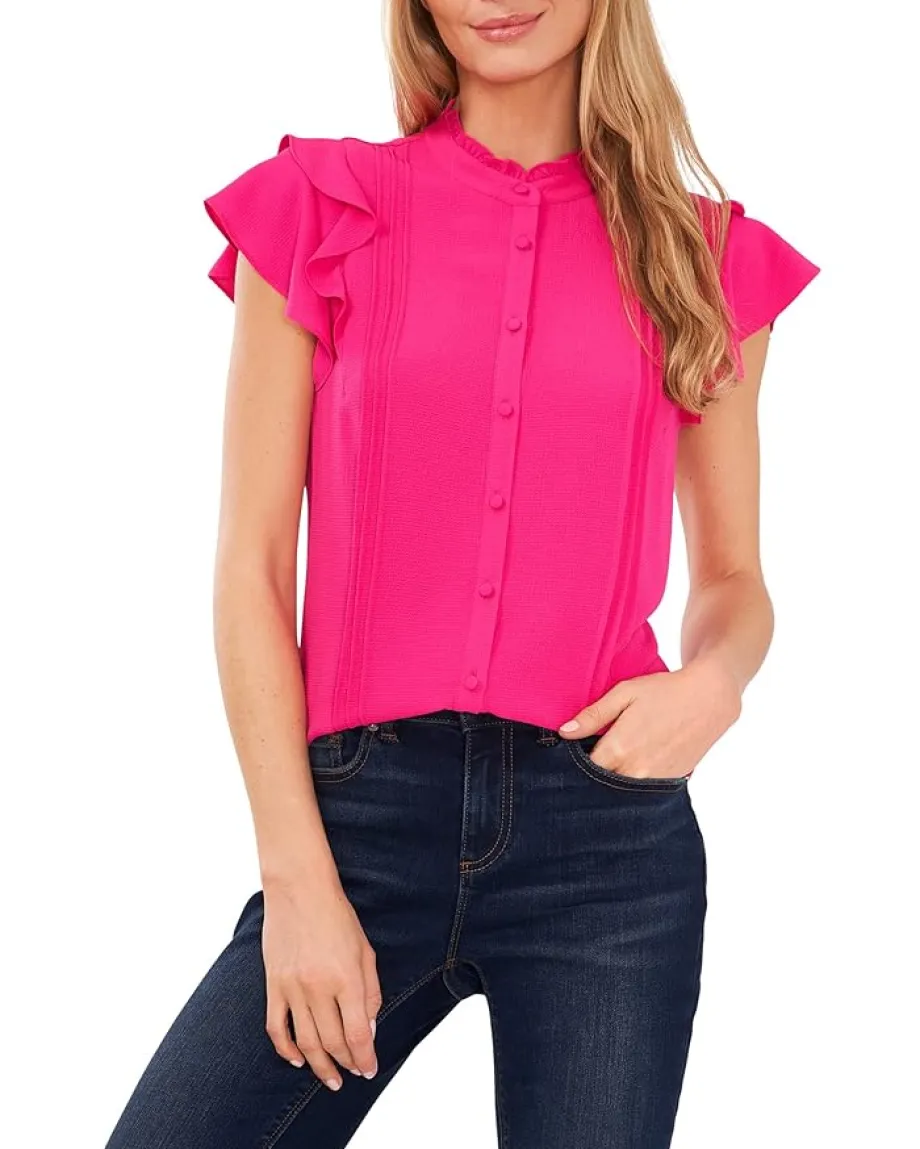 CeCe Short Sleeve Pin Tuck Ruffled Blouse Bright Rose Sale