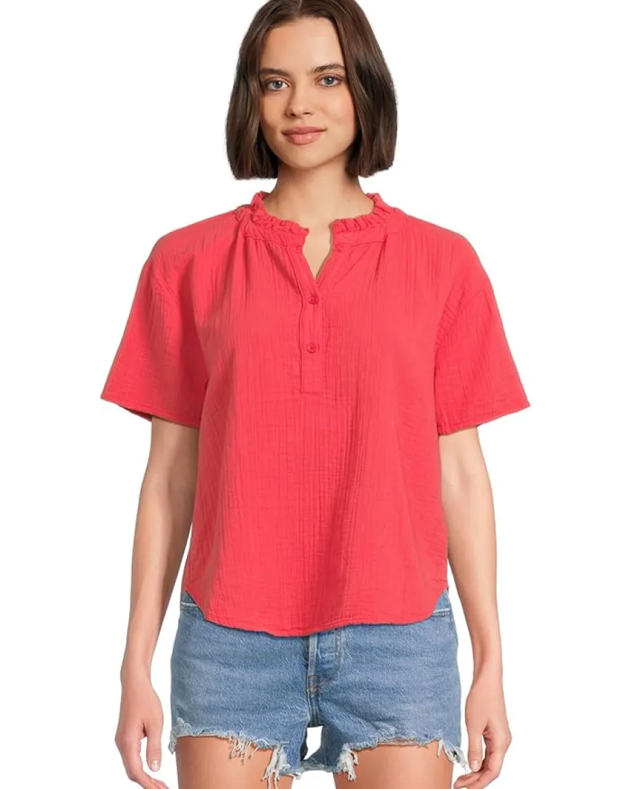 Women Mod-o-doc Short Sleeve Ruffle Neck Henley Top